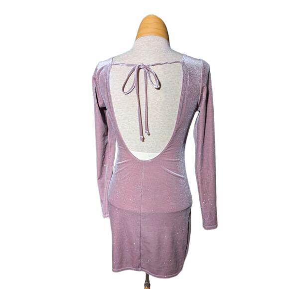 Vtg Y2K Jump Apparel Pink Velvet Metallic Swirl Open Back Bodycon Mini Dress S - Picture 4 of 6